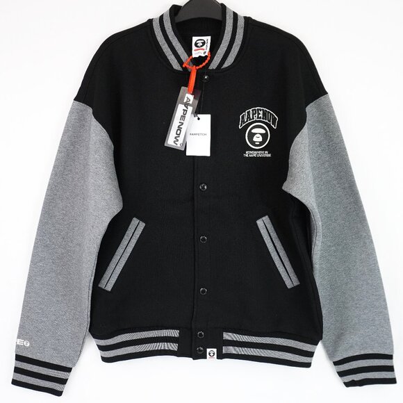 NWT AAPE By *A Bathing Ape Logo Baseball Jacket In Black/Gray - Men's Size Large